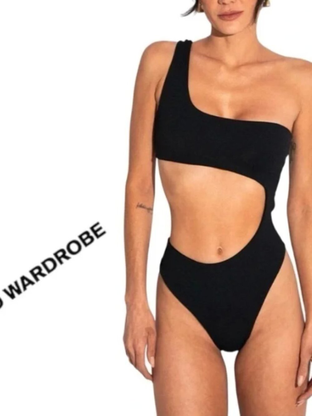 Naked Wardrobe One Piece one shoulder Black Swim Wear All Around Cutouts